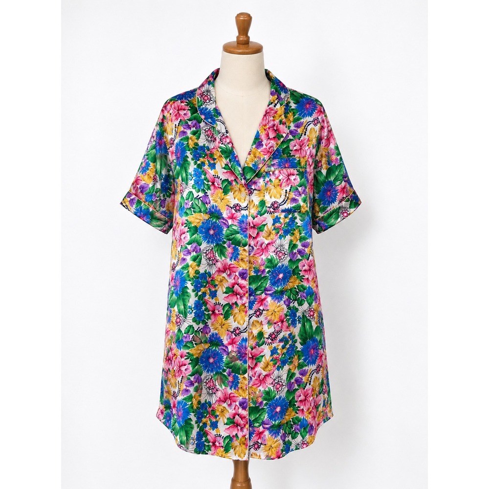 Adolfo Classics Nightgown Women Medium Multicolor Floral Vintage Satin Sleepwear